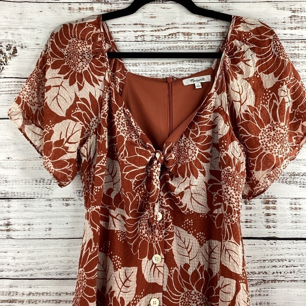 MADEWELL SIZE 2 MINI DRESS SILK TIE FRONT FALL SUNFLOWER‎ GUC - Picture 6 of 15
